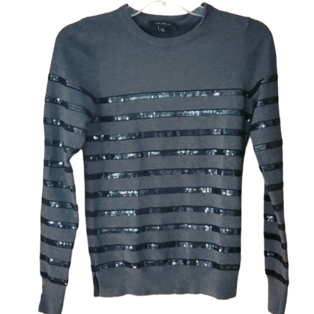 Ann Taylor Womans Grey Sequin Striped Sweater Top in‎ XS